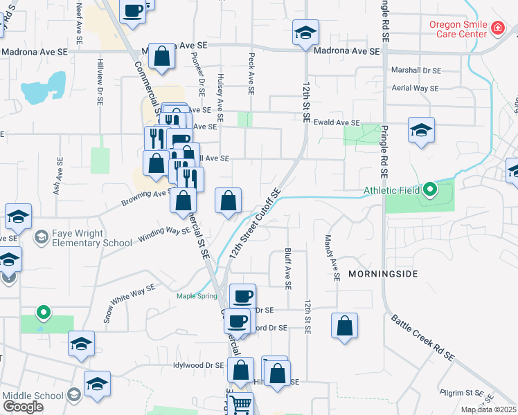 map of restaurants, bars, coffee shops, grocery stores, and more near 4001 12th Street Cutoff Southeast in Salem