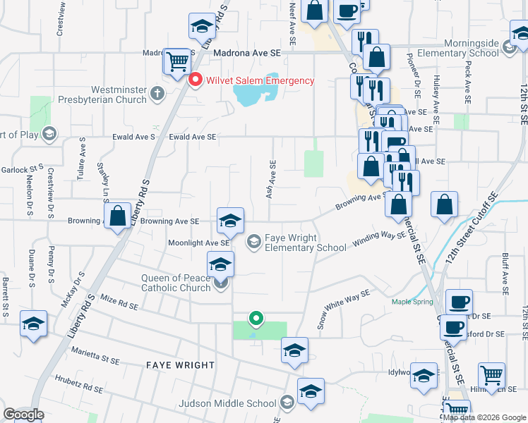 map of restaurants, bars, coffee shops, grocery stores, and more near 3971 Ash Avenue Southeast in Salem