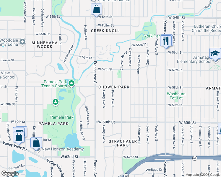 map of restaurants, bars, coffee shops, grocery stores, and more near in Edina