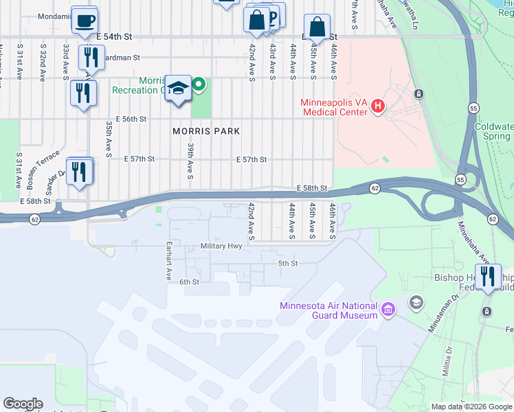 map of restaurants, bars, coffee shops, grocery stores, and more near 5807 42nd Avenue South in Minneapolis