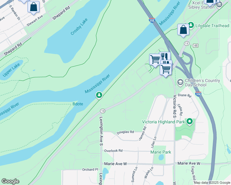 map of restaurants, bars, coffee shops, grocery stores, and more near 1077 Sibley Memorial Highway in Saint Paul