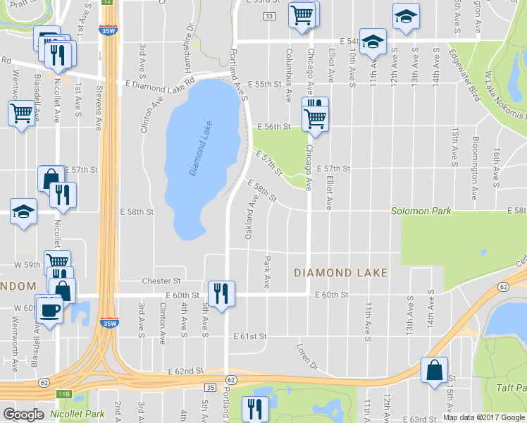 map of restaurants, bars, coffee shops, grocery stores, and more near 5816 Park Avenue in Minneapolis