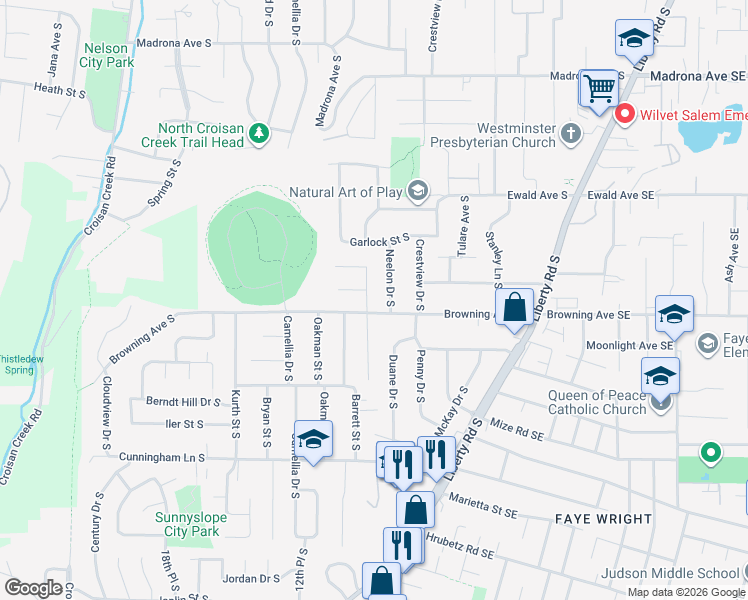 map of restaurants, bars, coffee shops, grocery stores, and more near 3988 Hertel Drive South in Salem