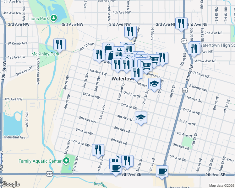 map of restaurants, bars, coffee shops, grocery stores, and more near 207 South Broadway in Watertown