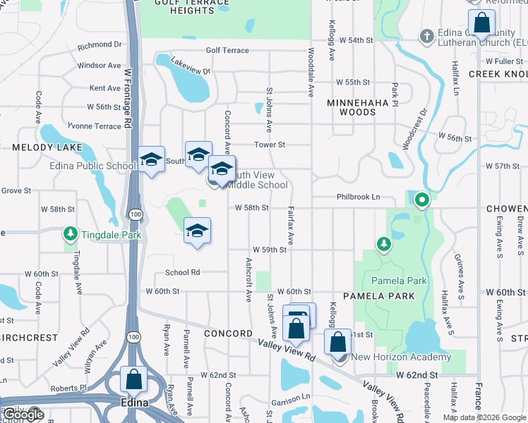 map of restaurants, bars, coffee shops, grocery stores, and more near 5800 Saint Johns Avenue in Minneapolis