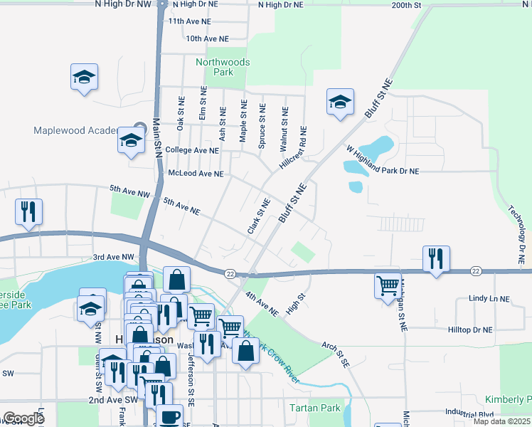 map of restaurants, bars, coffee shops, grocery stores, and more near 565 Clark Street Northeast in Hutchinson