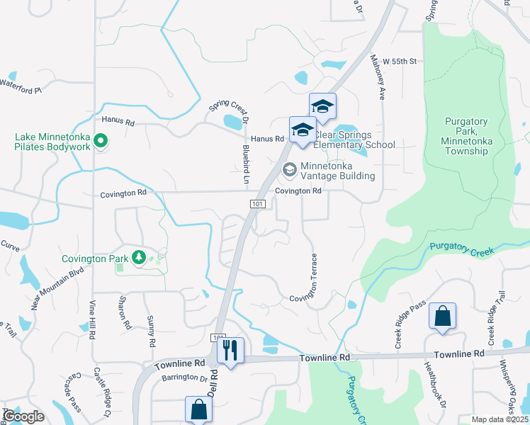 map of restaurants, bars, coffee shops, grocery stores, and more near 5805 County Road 101 in Minnetonka