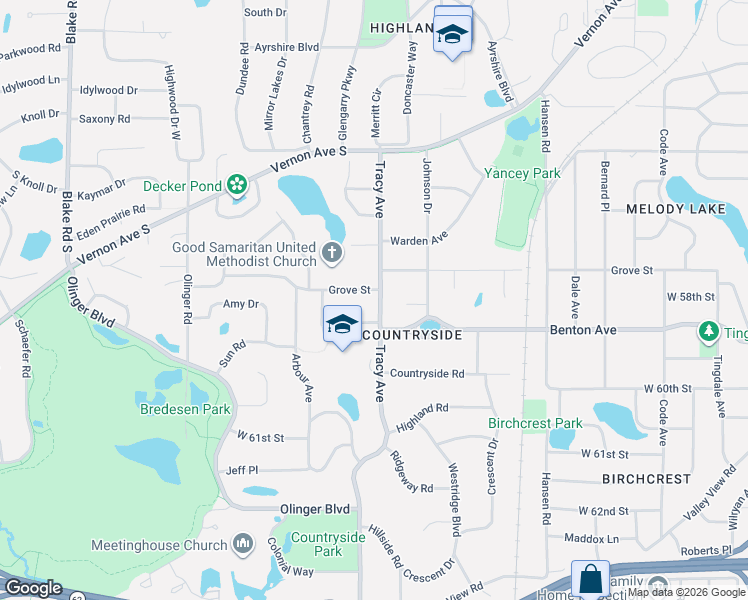 map of restaurants, bars, coffee shops, grocery stores, and more near 5813 Tracy Avenue in Minneapolis