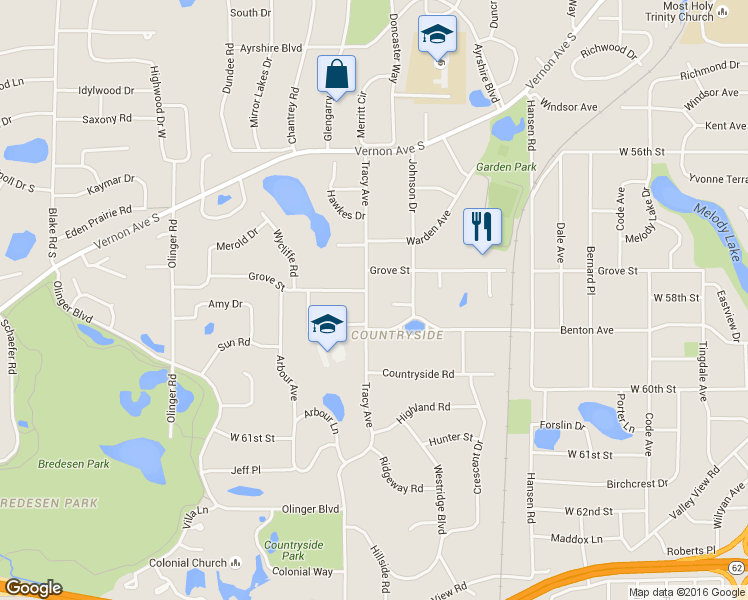 map of restaurants, bars, coffee shops, grocery stores, and more near 5813 Tracy Avenue in Minneapolis