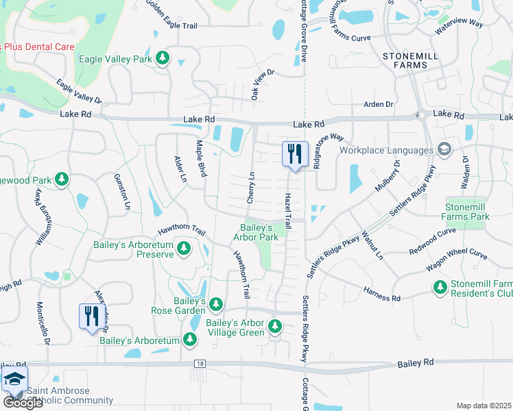 map of restaurants, bars, coffee shops, grocery stores, and more near 3515 Cherry Lane in Woodbury