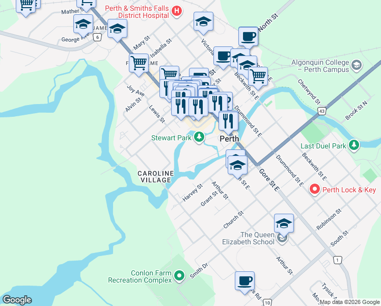map of restaurants, bars, coffee shops, grocery stores, and more near 41 Mill Street in Perth