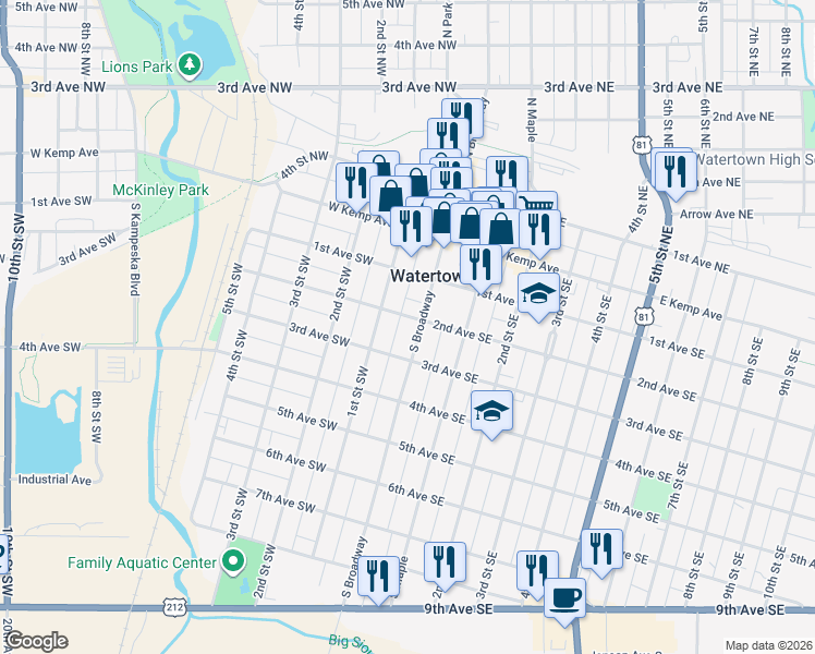 map of restaurants, bars, coffee shops, grocery stores, and more near 207 South Broadway in Watertown