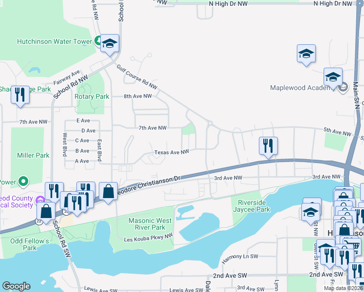 map of restaurants, bars, coffee shops, grocery stores, and more near 410 Maryland Street Northwest in Hutchinson
