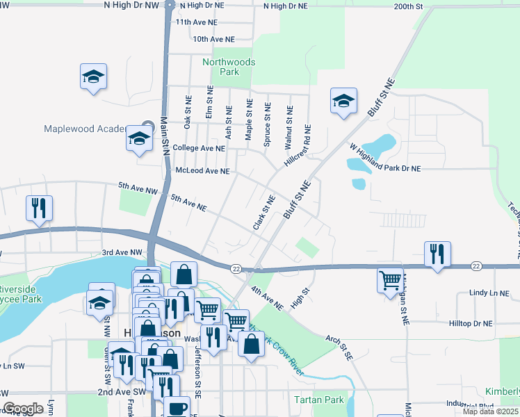 map of restaurants, bars, coffee shops, grocery stores, and more near 565 Clark Street Northeast in Hutchinson