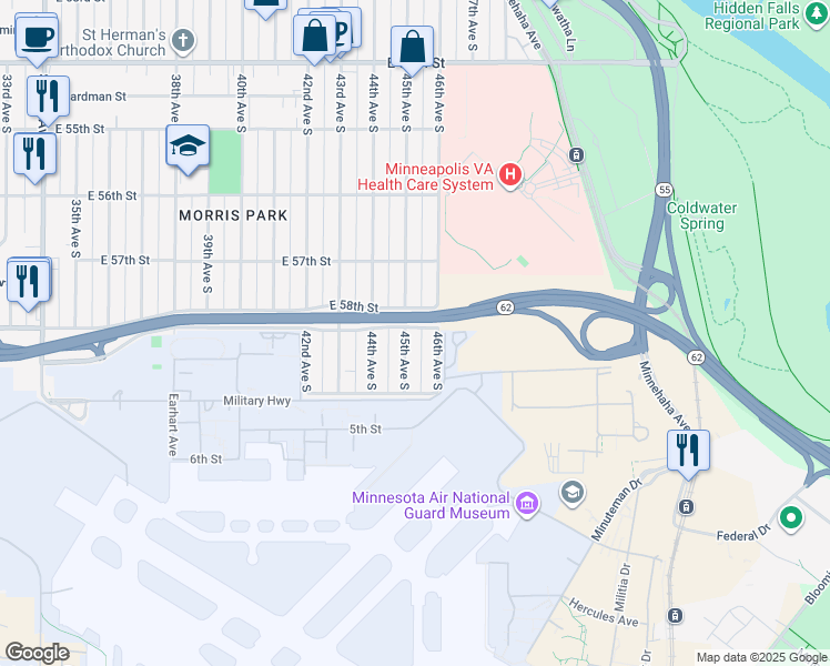 map of restaurants, bars, coffee shops, grocery stores, and more near 5801 45th Avenue South in Minneapolis