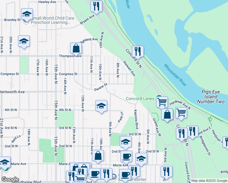 map of restaurants, bars, coffee shops, grocery stores, and more near 844 Wentworth Avenue in South Saint Paul