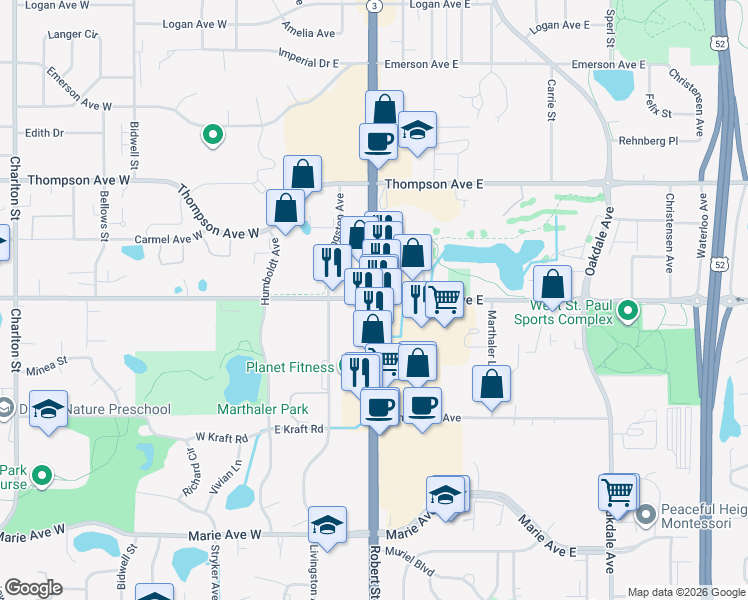 map of restaurants, bars, coffee shops, grocery stores, and more near in West Saint Paul