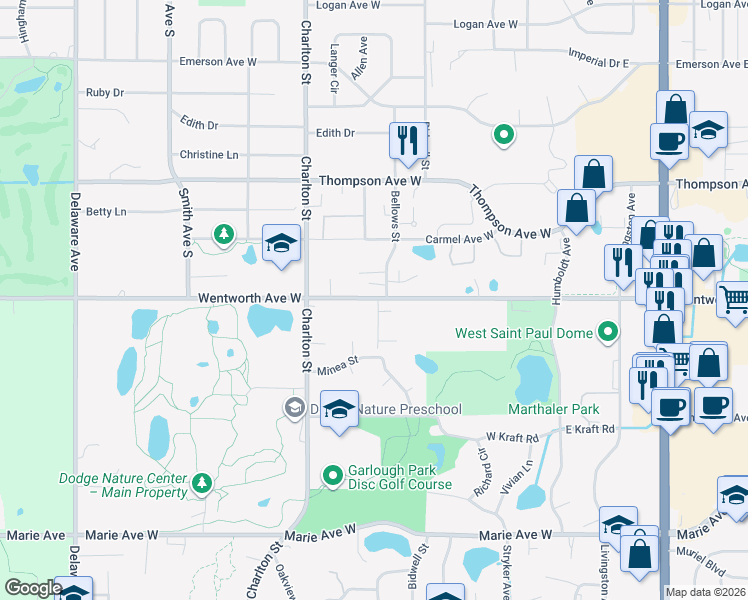 map of restaurants, bars, coffee shops, grocery stores, and more near 160 Wentworth Avenue West in Saint Paul