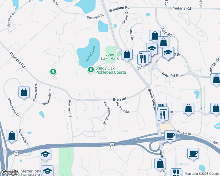 map of restaurants, bars, coffee shops, grocery stores, and more near 11620 Vista Drive in Hopkins