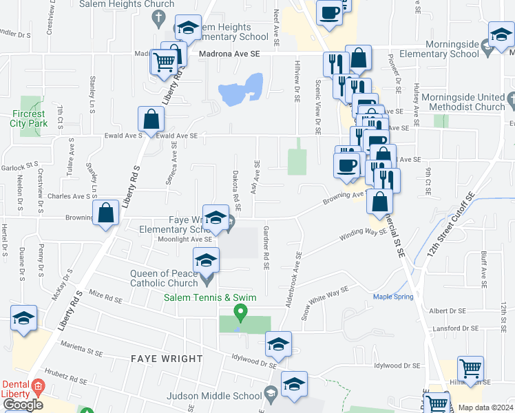 map of restaurants, bars, coffee shops, grocery stores, and more near 3962 Ash Avenue Southeast in Salem