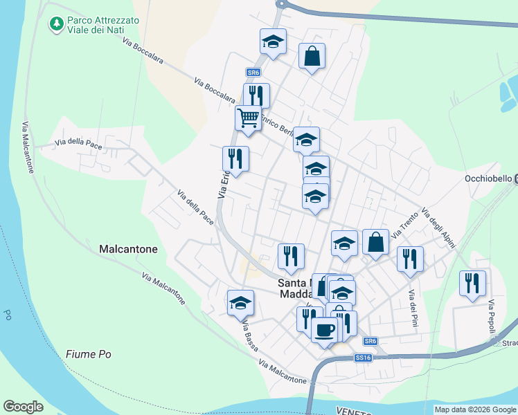 map of restaurants, bars, coffee shops, grocery stores, and more near 3 Via Martiri di Villamarzana in Santa Maria Maddalena