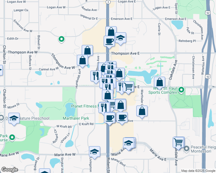 map of restaurants, bars, coffee shops, grocery stores, and more near in West Saint Paul