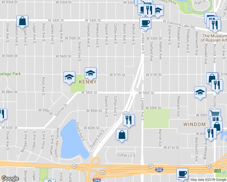 map of restaurants, bars, coffee shops, grocery stores, and more near 5760 Colfax Avenue South in Minneapolis
