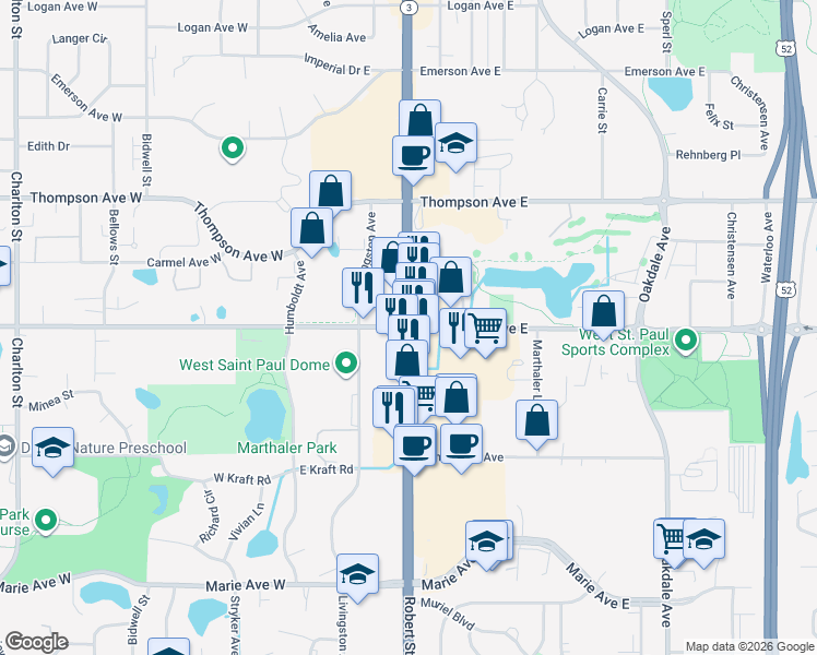 map of restaurants, bars, coffee shops, grocery stores, and more near 1598 South Robert Street in West Saint Paul