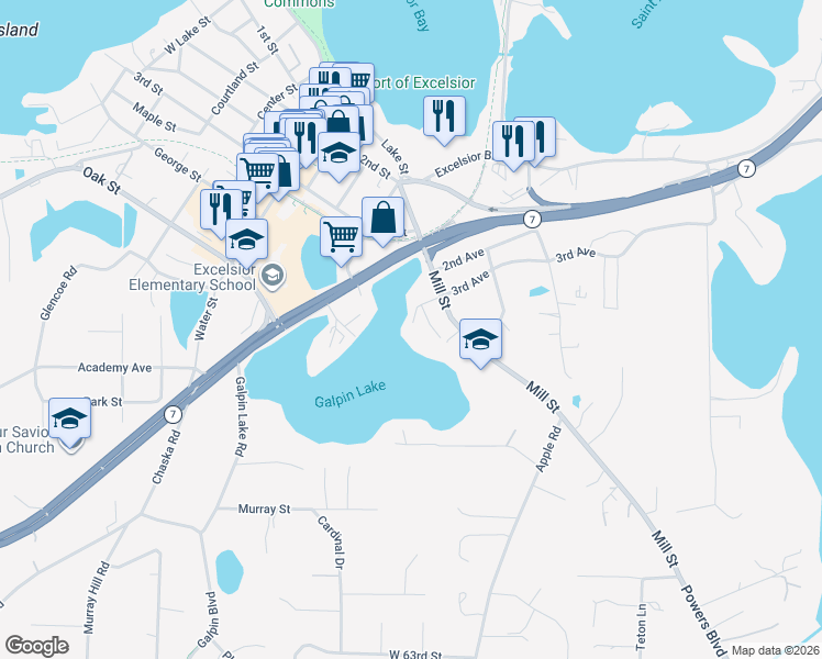 map of restaurants, bars, coffee shops, grocery stores, and more near 500 3rd Avenue in Excelsior