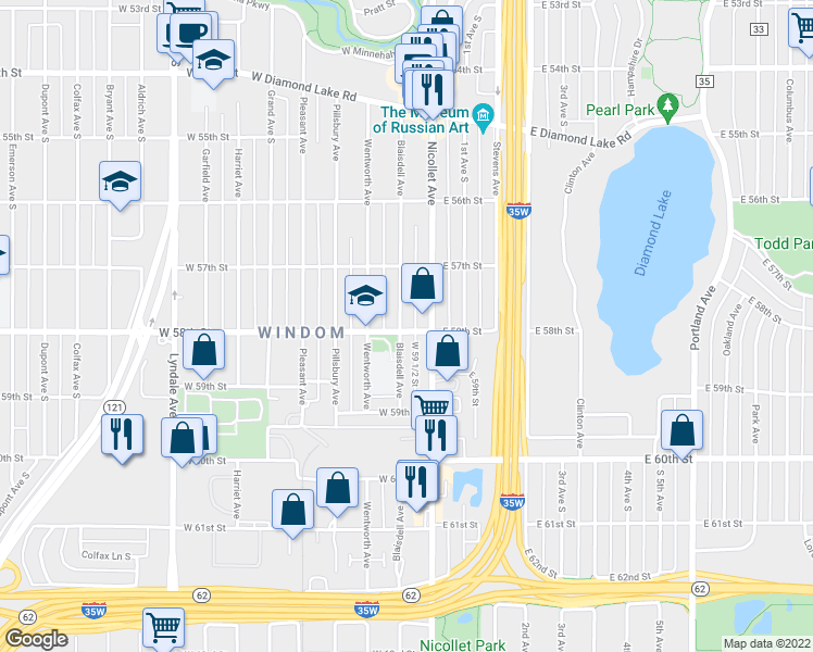 map of restaurants, bars, coffee shops, grocery stores, and more near 5751 Blaisdell Avenue in Minneapolis