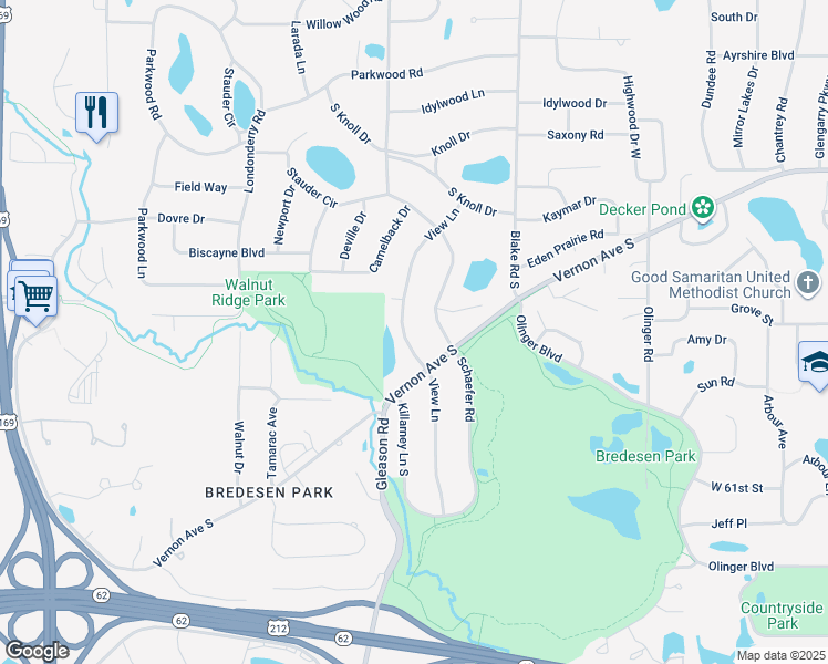 map of restaurants, bars, coffee shops, grocery stores, and more near 5801 View Lane in Edina