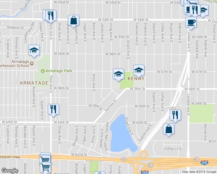 map of restaurants, bars, coffee shops, grocery stores, and more near 1600 West 58th Street in Minneapolis
