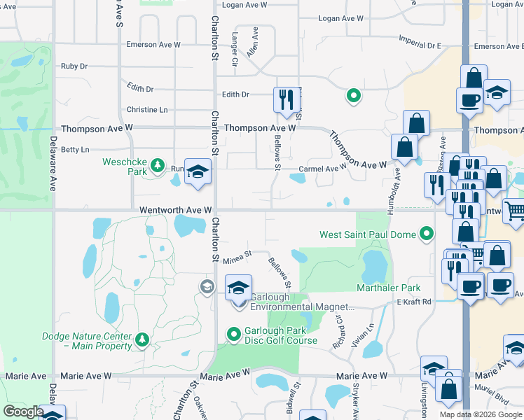 map of restaurants, bars, coffee shops, grocery stores, and more near 160 Wentworth Avenue West in Saint Paul