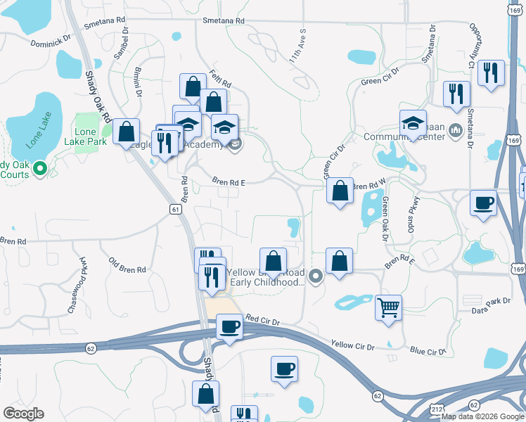map of restaurants, bars, coffee shops, grocery stores, and more near 10987 Bren Road East in Minnetonka
