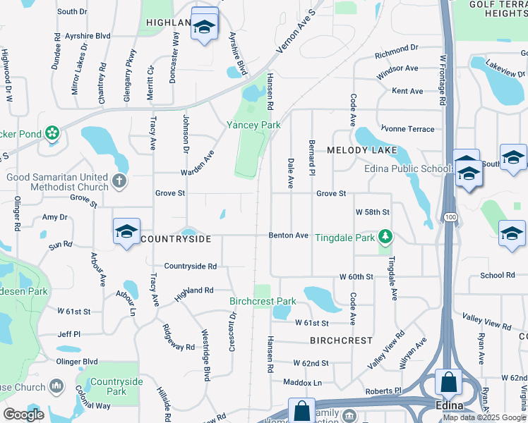 map of restaurants, bars, coffee shops, grocery stores, and more near 5808 Hansen Road in Minneapolis