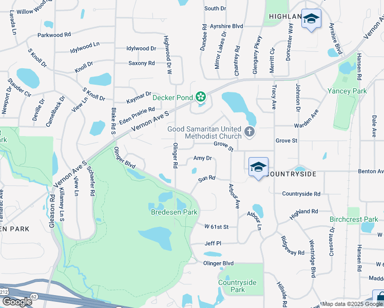 map of restaurants, bars, coffee shops, grocery stores, and more near 5916 Amy Drive in Minneapolis