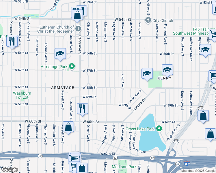 map of restaurants, bars, coffee shops, grocery stores, and more near 5757 Morgan Avenue South in Minneapolis