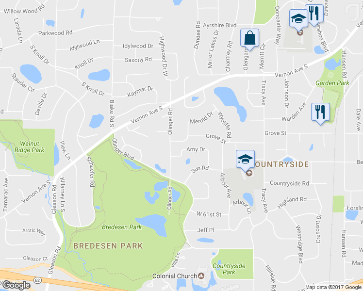map of restaurants, bars, coffee shops, grocery stores, and more near 5916 Amy Drive in Minneapolis