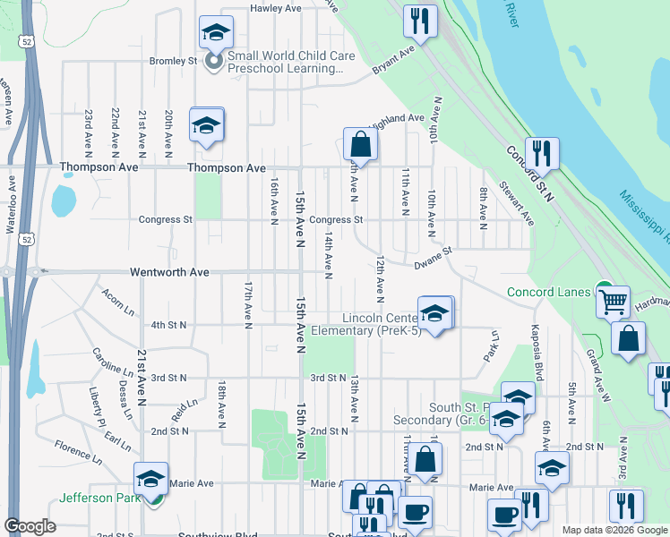 map of restaurants, bars, coffee shops, grocery stores, and more near 502 14th Avenue North in South Saint Paul