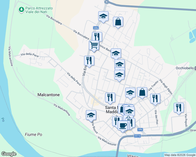 map of restaurants, bars, coffee shops, grocery stores, and more near 3 Via Martiri di Villamarzana in Santa Maria Maddalena