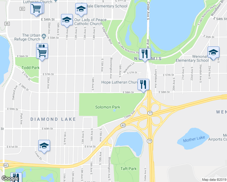 map of restaurants, bars, coffee shops, grocery stores, and more near 1532 East 58th Street in Minneapolis