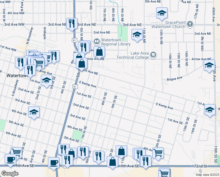 map of restaurants, bars, coffee shops, grocery stores, and more near 805 East Kemp Avenue in Watertown