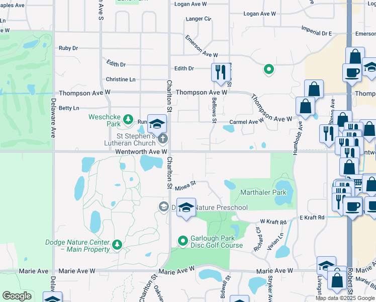 map of restaurants, bars, coffee shops, grocery stores, and more near 217 County Road 8 in West Saint Paul