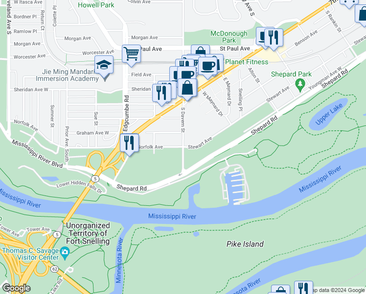 map of restaurants, bars, coffee shops, grocery stores, and more near 4969 Stewart Avenue in Saint Paul