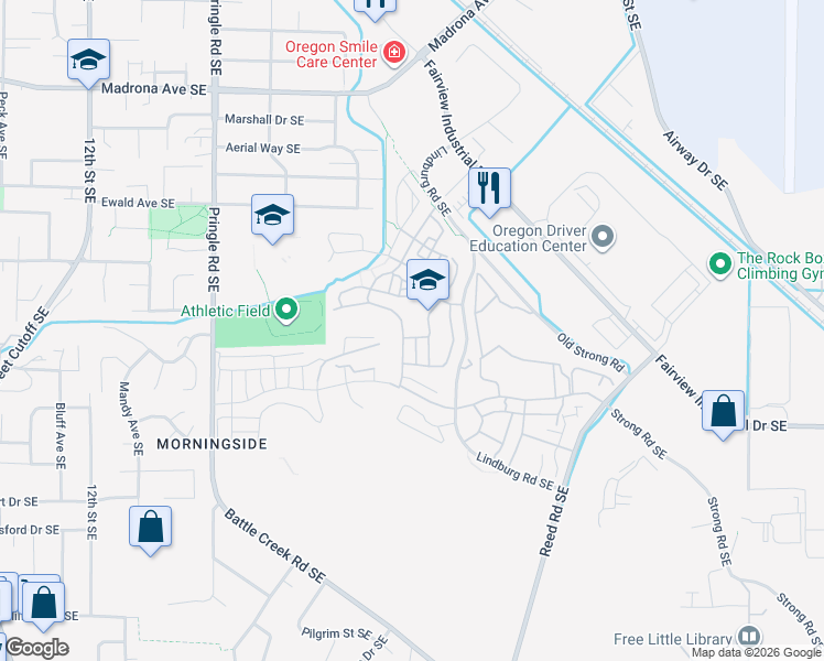 map of restaurants, bars, coffee shops, grocery stores, and more near 3970 Village Center Drive Southeast in Salem