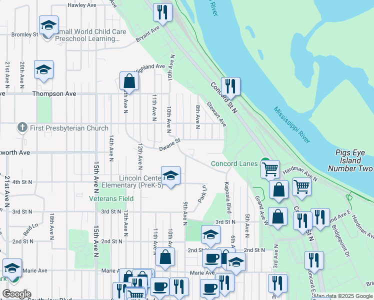 map of restaurants, bars, coffee shops, grocery stores, and more near 844 Wentworth Avenue in South Saint Paul