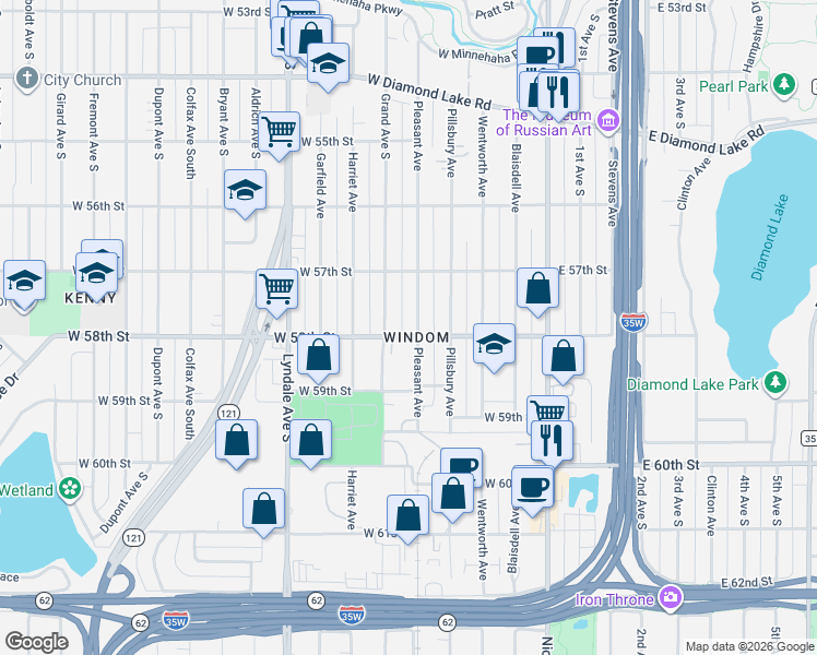 map of restaurants, bars, coffee shops, grocery stores, and more near 5754 Pleasant Avenue in Minneapolis