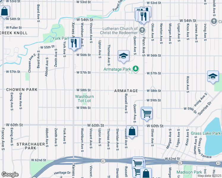 map of restaurants, bars, coffee shops, grocery stores, and more near 2620 West 58th Street in Minneapolis