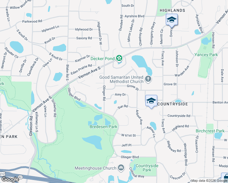 map of restaurants, bars, coffee shops, grocery stores, and more near 5916 Amy Drive in Minneapolis