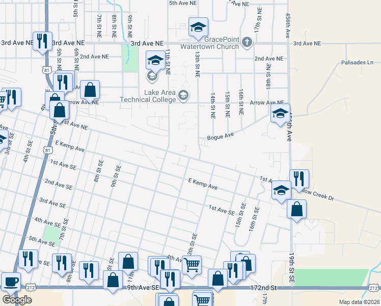 map of restaurants, bars, coffee shops, grocery stores, and more near 1201 1st Avenue Northeast in Watertown